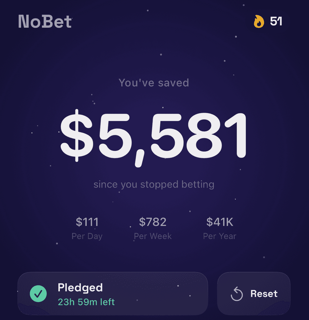 NoBet app home screen showing savings tracker