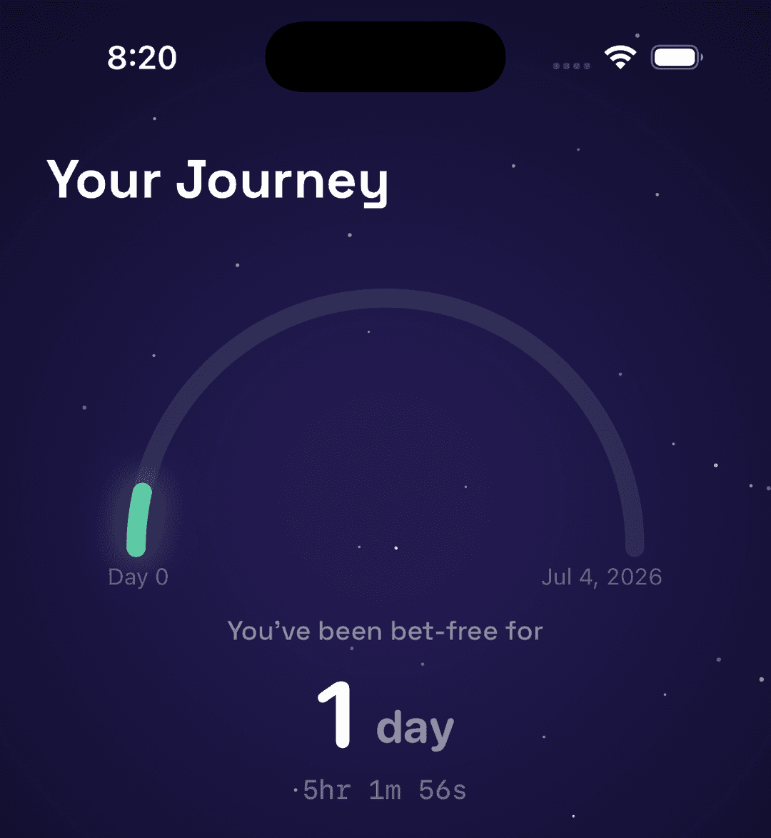 NoBet journey screen showing streaks and milestones